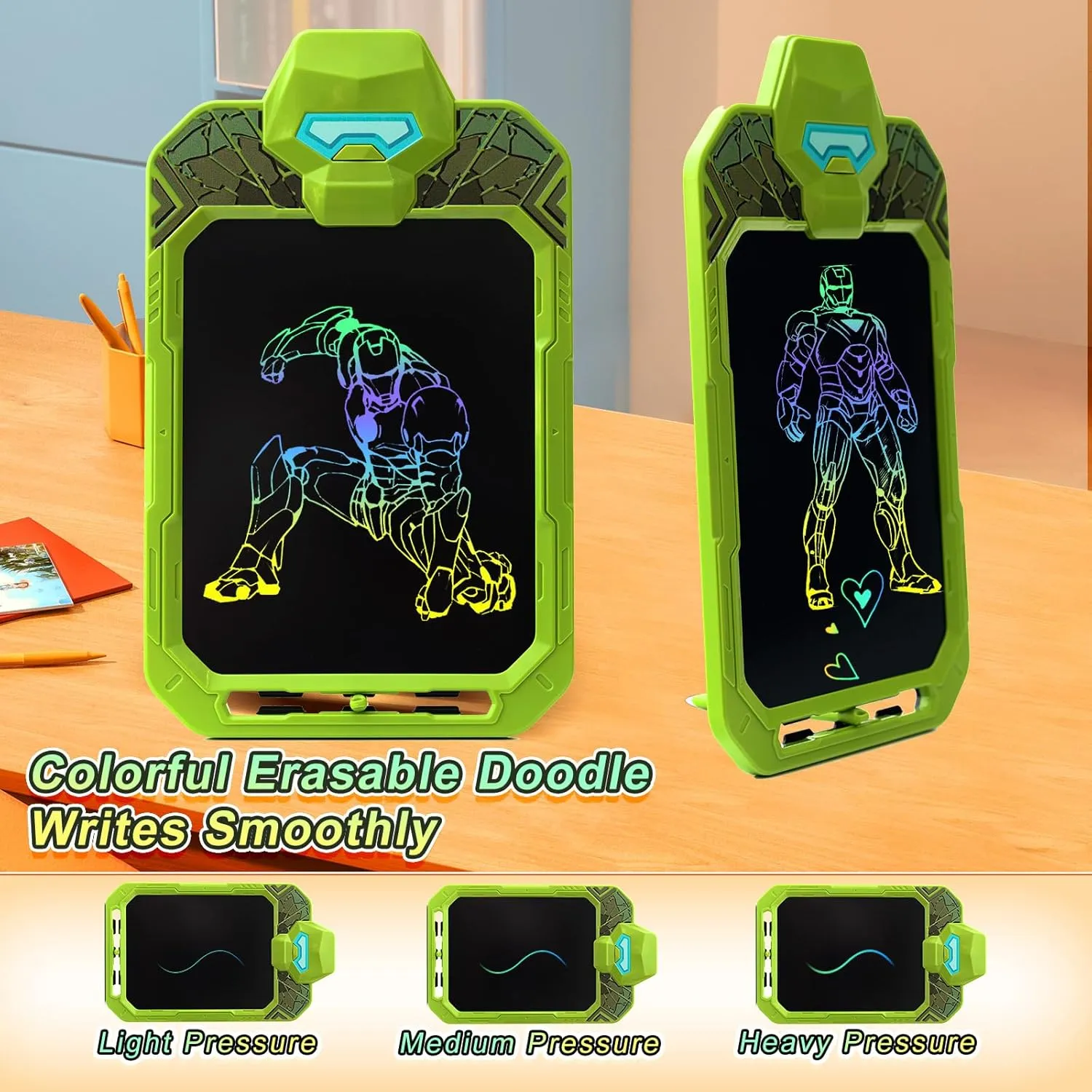 10 Inch LCD Writing Tablet for Kids, Powerful Warrior Design Drawing Tablet, Doodle Board Pad for Learning, Toy Gift for Boys 3-6 Years Old (Green)
