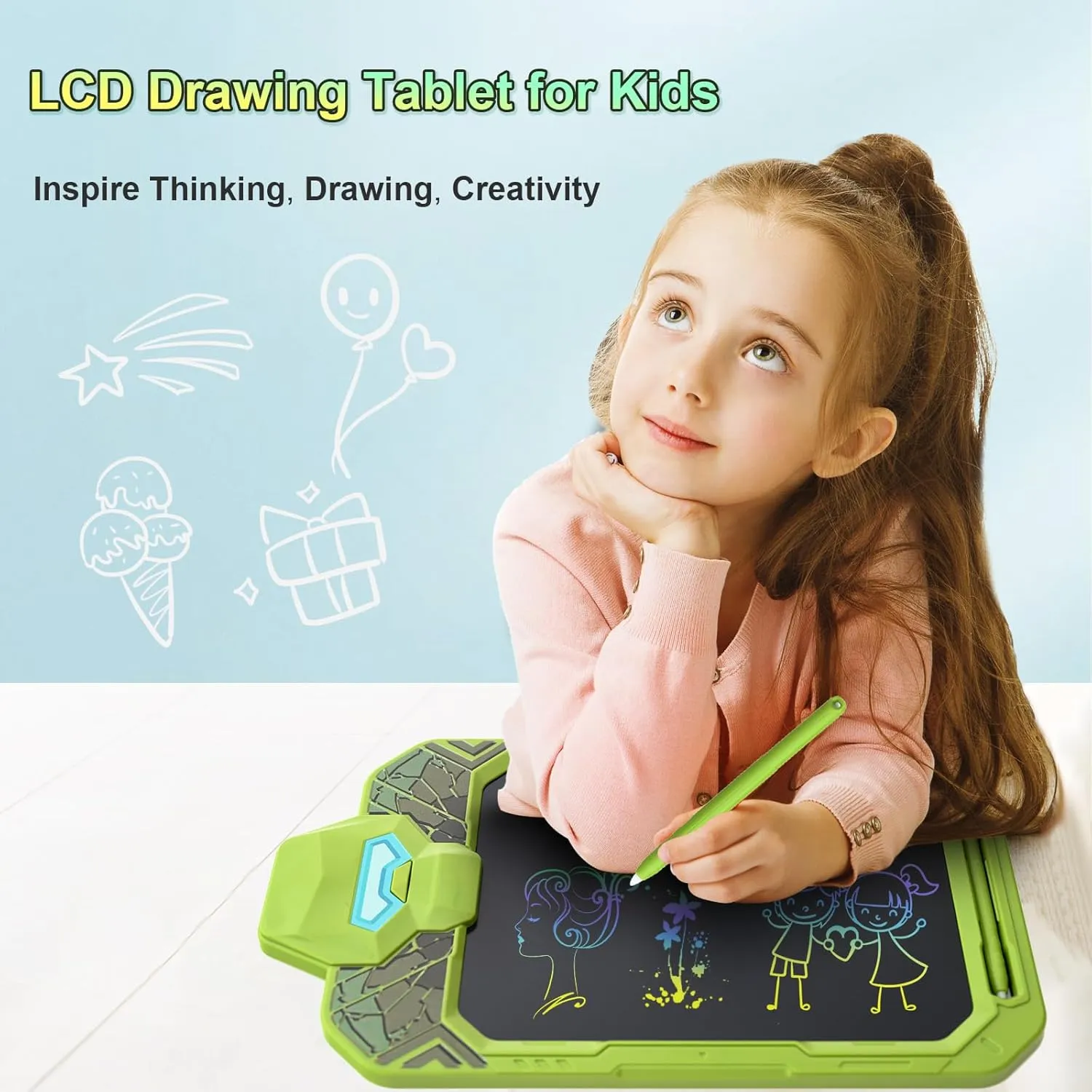 10 Inch LCD Writing Tablet for Kids, Powerful Warrior Design Drawing Tablet, Doodle Board Pad for Learning, Toy Gift for Boys 3-6 Years Old (Green)