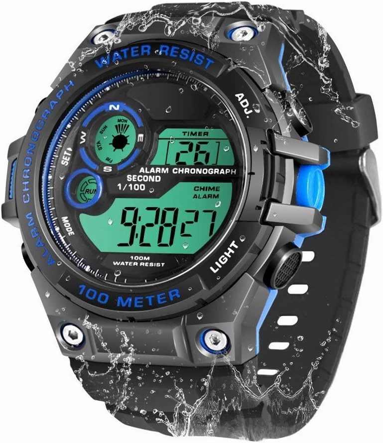 100m Underwater Scuba Diving Watch for Mens Boys with Stopwatch, Chronograph, Alarm Functions, Dual Time Zone, 12/24 Hours Format