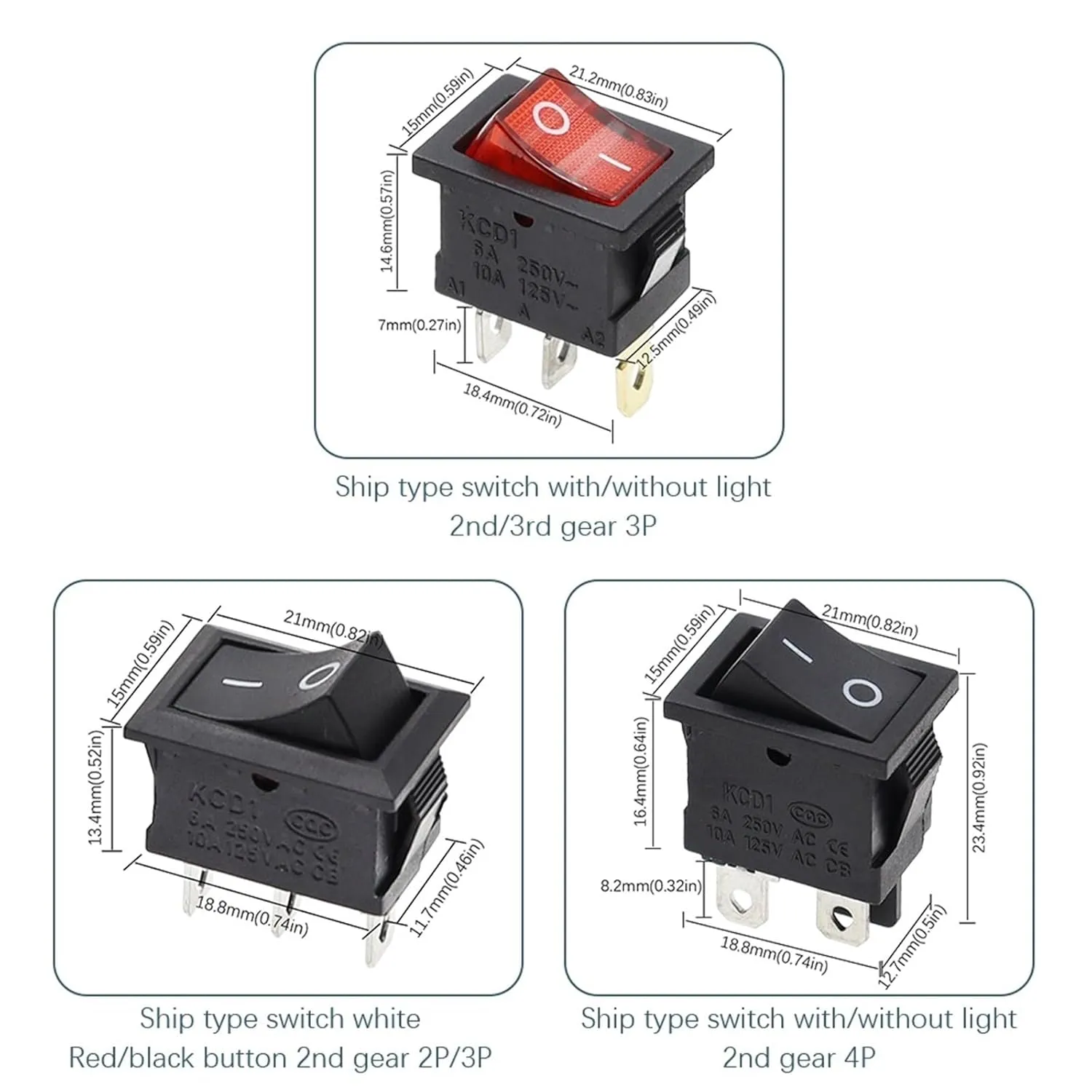 10PCS Switch ON-Off KCD1 15 * 21mm 2Pin Ship Type Switch 6A 250V 10A 125V 15X21 Rocker Switch Power Switch(2Pin Red)