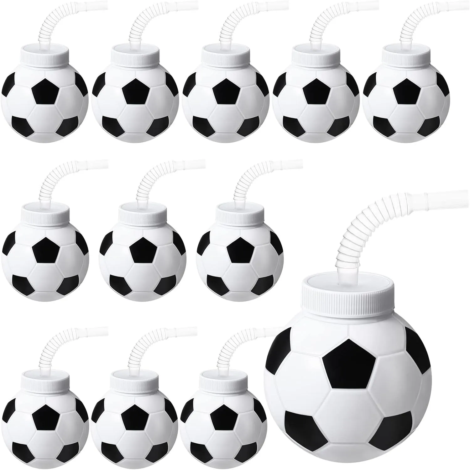 12 Set Soccer Ball Cups with Straws and Lids, 10 oz Plastic Reusable Soccer Cups Bulk for Kids Birthday Theme Party Supplies