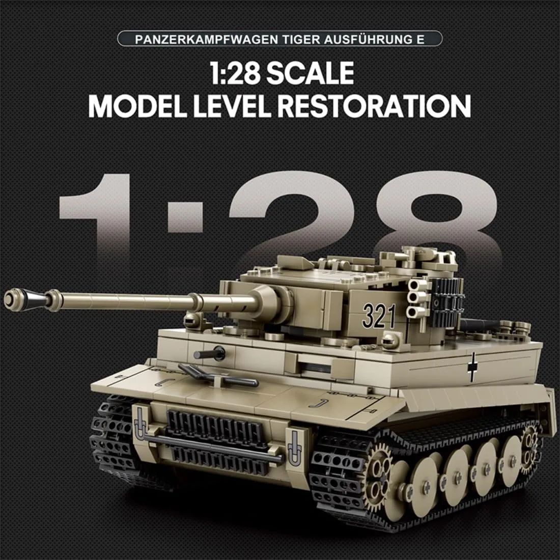 1/28 M4A3E8 German Tiger Tank Model Building Kit, Military Series Building Block Set, Creative Interactive Building Toy for Teens and Up (1138PCS )