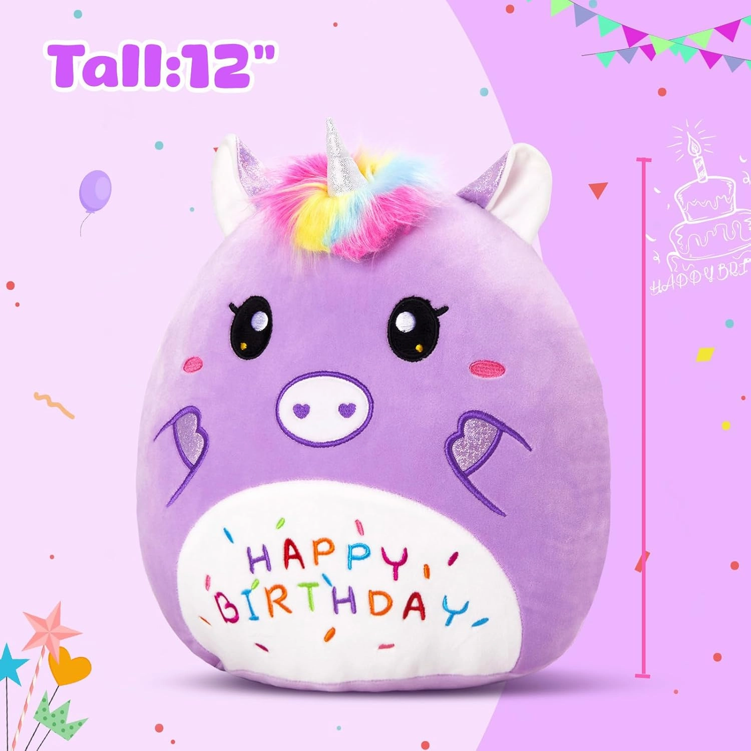 12” Birthday Unicorn Plush Pillow,Cute Unicorn Stuffed Animal,Soft Plushies Pillow,Happy Birthday Plush Toy Gifts for Kids Toddlers Girls Boys Room Decor (Purple)
