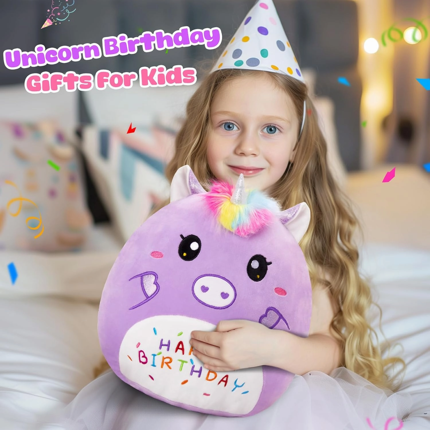 12” Birthday Unicorn Plush Pillow,Cute Unicorn Stuffed Animal,Soft Plushies Pillow,Happy Birthday Plush Toy Gifts for Kids Toddlers Girls Boys Room Decor (Purple)