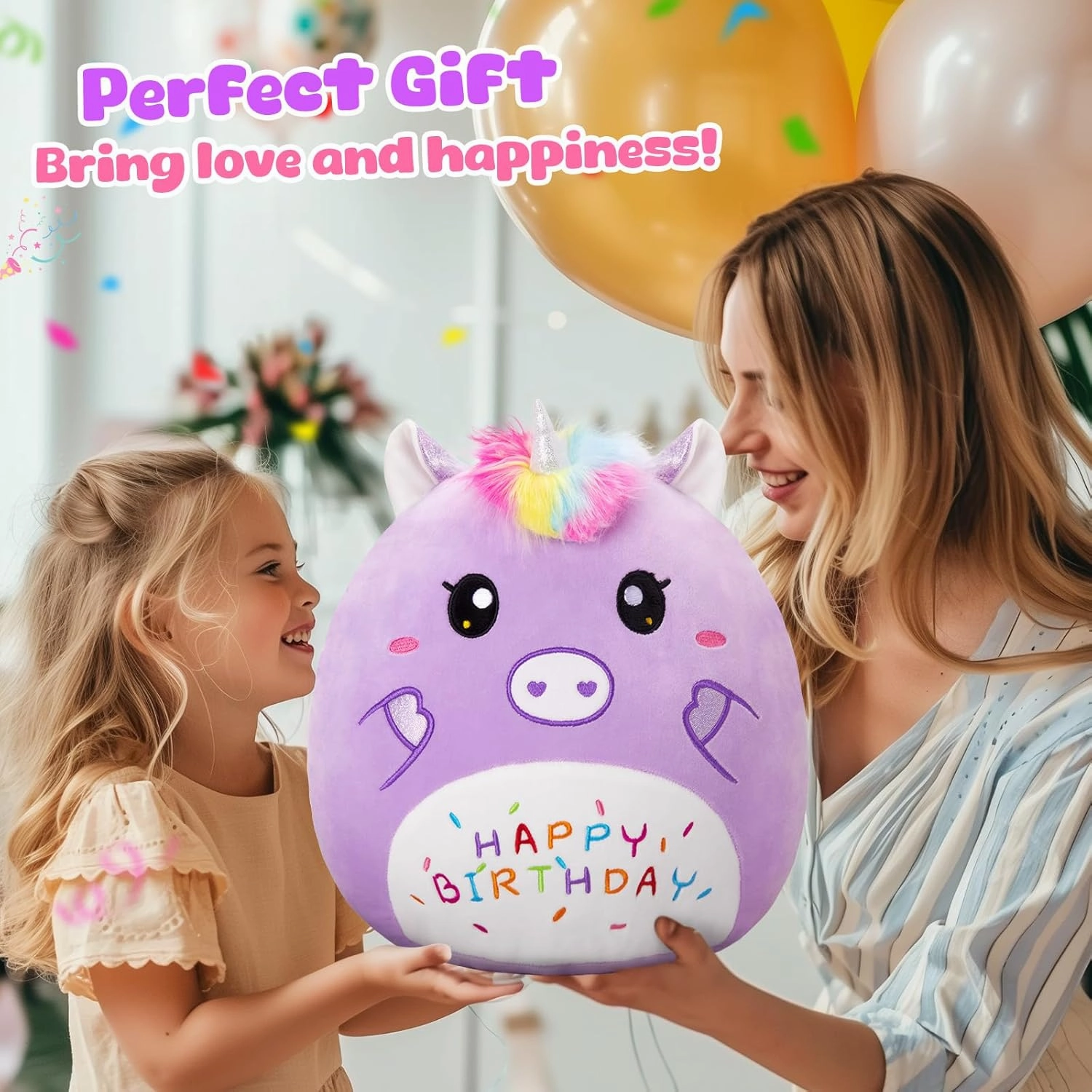 12” Birthday Unicorn Plush Pillow,Cute Unicorn Stuffed Animal,Soft Plushies Pillow,Happy Birthday Plush Toy Gifts for Kids Toddlers Girls Boys Room Decor (Purple)