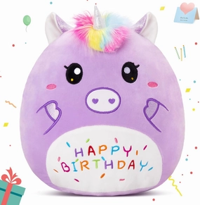 12” Birthday Unicorn Plush Pillow,Cute Unicorn Stuffed Animal,Soft Plushies Pillow,Happy Birthday Plush Toy Gifts for Kids Toddlers Girls Boys Room Decor (Purple)