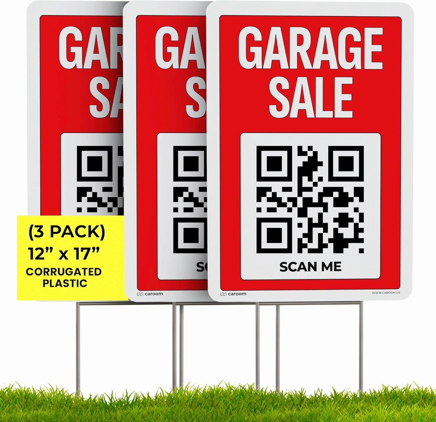 12" x 17" Garage Sale Sign With Stakes (Plastic, 3-Pack) – Direct Buyers Easily | Advertise Your Event & Items Online | Reusable, Weatherproof, Double-Sided | App Included