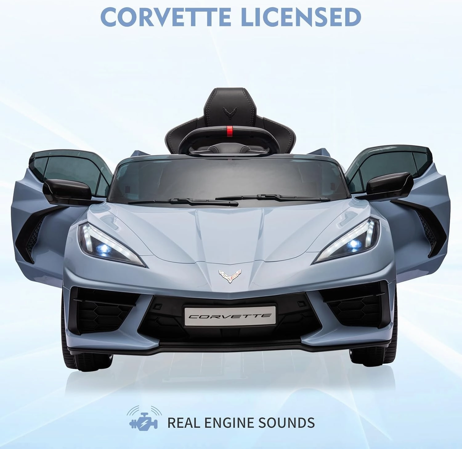 12V Kids Ride On Car Sports Licensed Corvette Electric Car Toy for Toddles with Remote Control, Visual Dashboard, LED Lights, Music, Light Blue