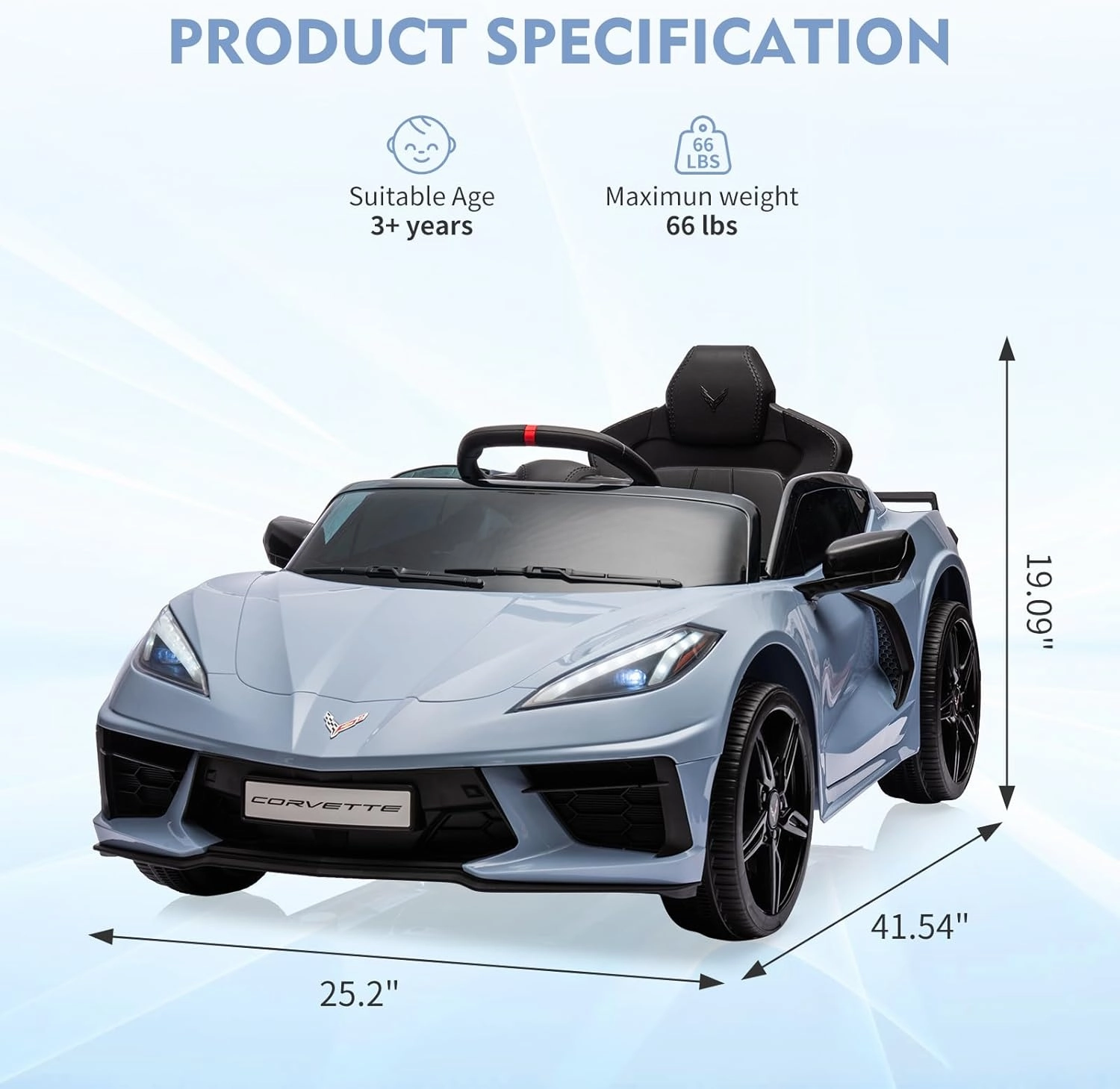 12V Kids Ride On Car Sports Licensed Corvette Electric Car Toy for Toddles with Remote Control, Visual Dashboard, LED Lights, Music, Light Blue