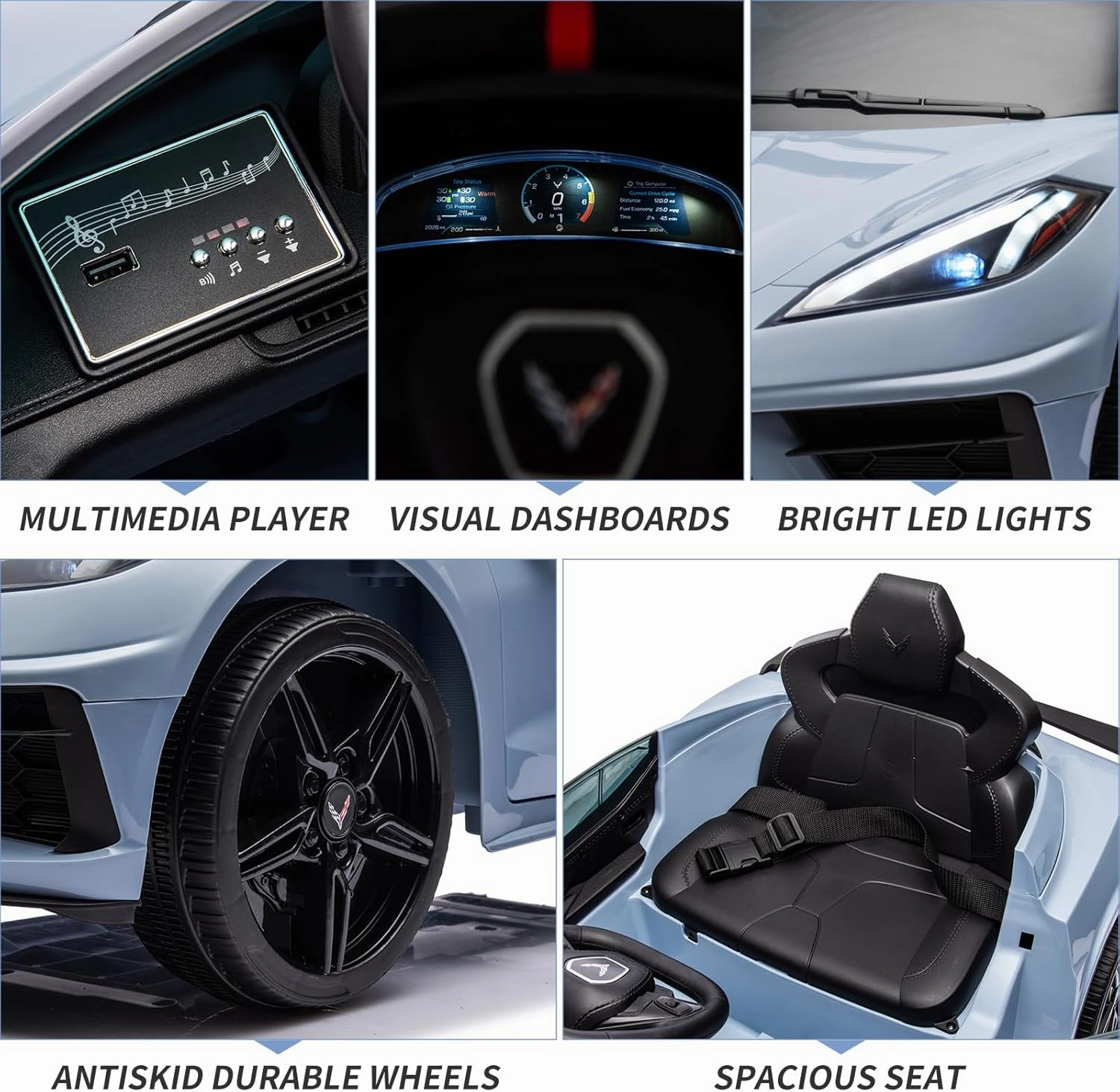 12V Kids Ride On Car Sports Licensed Corvette Electric Car Toy for Toddles with Remote Control, Visual Dashboard, LED Lights, Music, Light Blue
