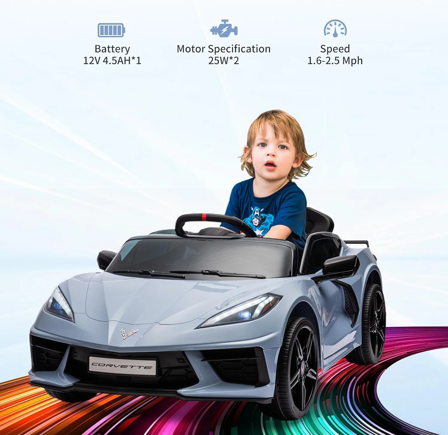 12V Kids Ride On Car Sports Licensed Corvette Electric Car Toy for Toddles with Remote Control, Visual Dashboard, LED Lights, Music, Light Blue