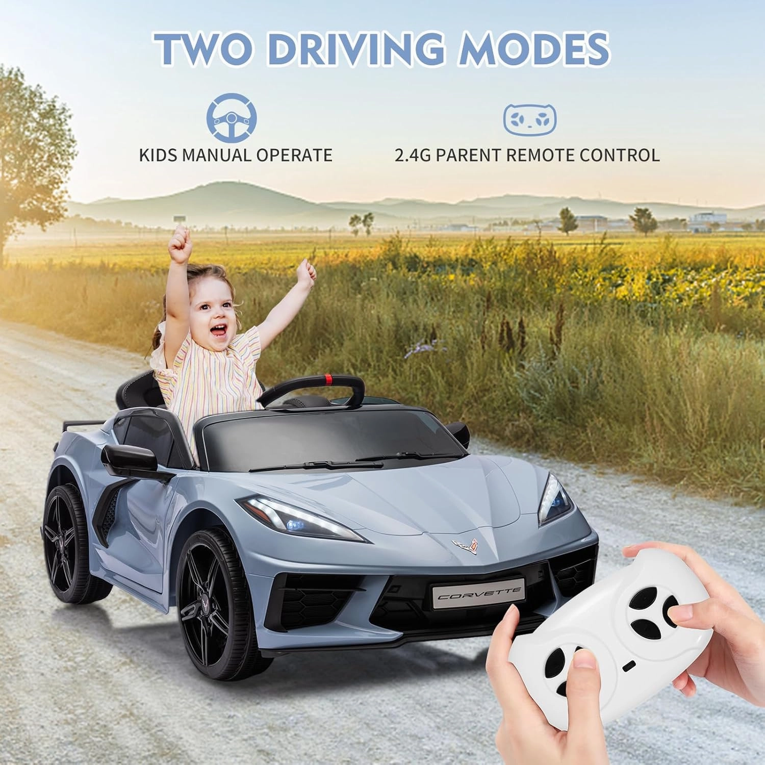 12V Kids Ride On Car Sports Licensed Corvette Electric Car Toy for Toddles with Remote Control, Visual Dashboard, LED Lights, Music, Light Blue
