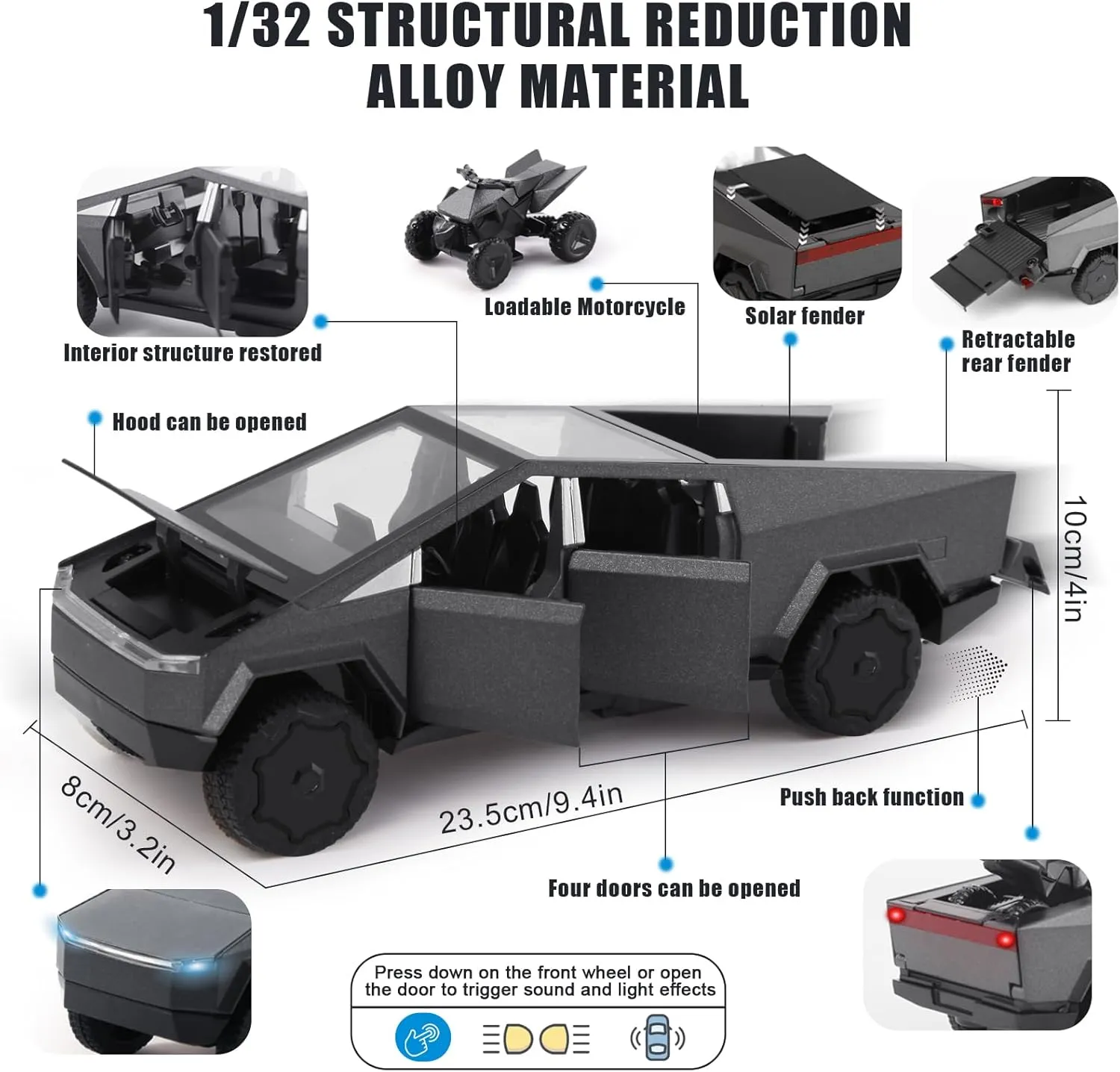 1/32 Scale Toy Car Metal Model for Kid, Alloy Diecast Pickup Trailer RV Model Kit,Toy Trucks with Sound and Light, Off-Road Vehicle Collections for Boy Girl Toddler Birthday（Black）