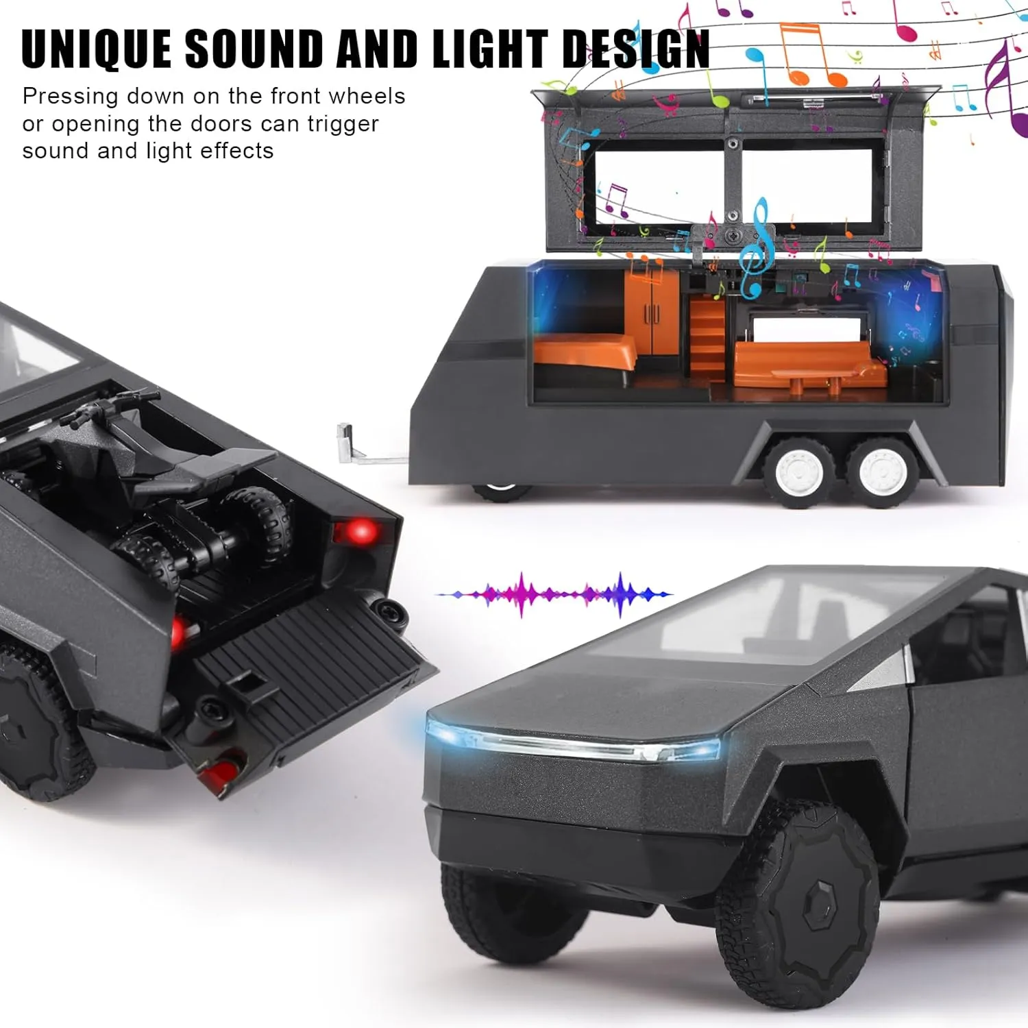 1/32 Scale Toy Car Metal Model for Kid, Alloy Diecast Pickup Trailer RV Model Kit,Toy Trucks with Sound and Light, Off-Road Vehicle Collections for Boy Girl Toddler Birthday（Black）