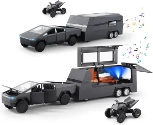 1/32 Scale Toy Car Metal Model for Kid, Alloy Diecast Pickup Trailer RV Model Kit,Toy Trucks with Sound and Light, Off-Road Vehicle Collections for Boy Girl Toddler Birthday（Black）