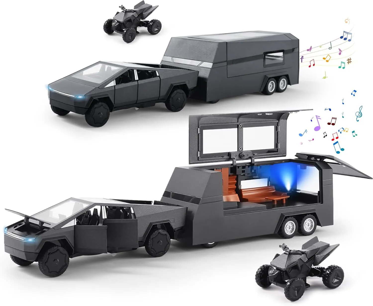 1/32 Scale Toy Car Metal Model for Kid, Alloy Diecast Pickup Trailer RV Model Kit,Toy Trucks with Sound and Light, Off-Road Vehicle Collections for Boy Girl Toddler Birthday（Black）