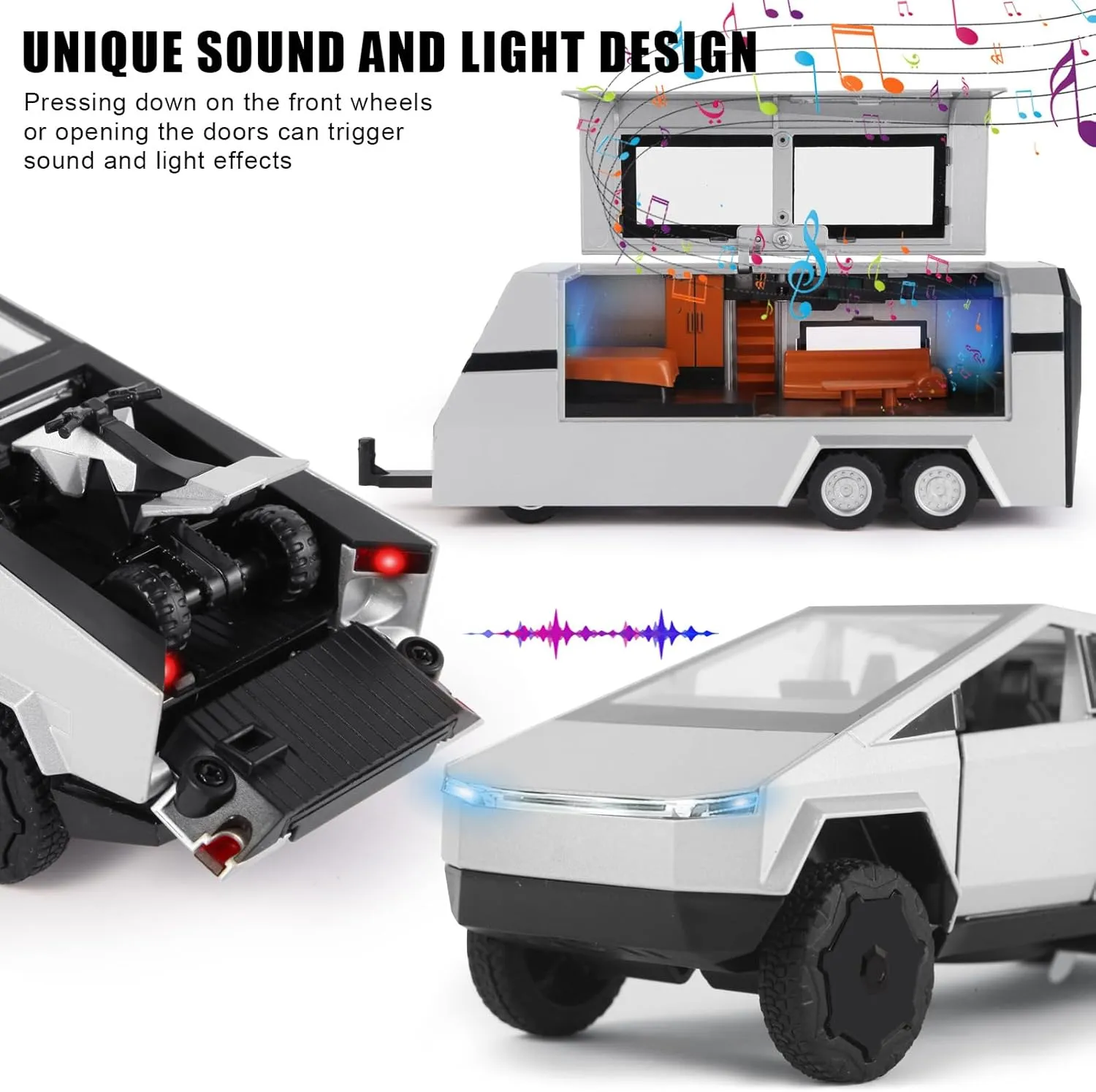 1/32 Toy Car Metal Model for Kid, Alloy Diecast Pickup Trailer RV Model Kit, Toy Trucks with Sound and Light, Off-Road Vehicle Collection for Boy Girl Toddler Birthday