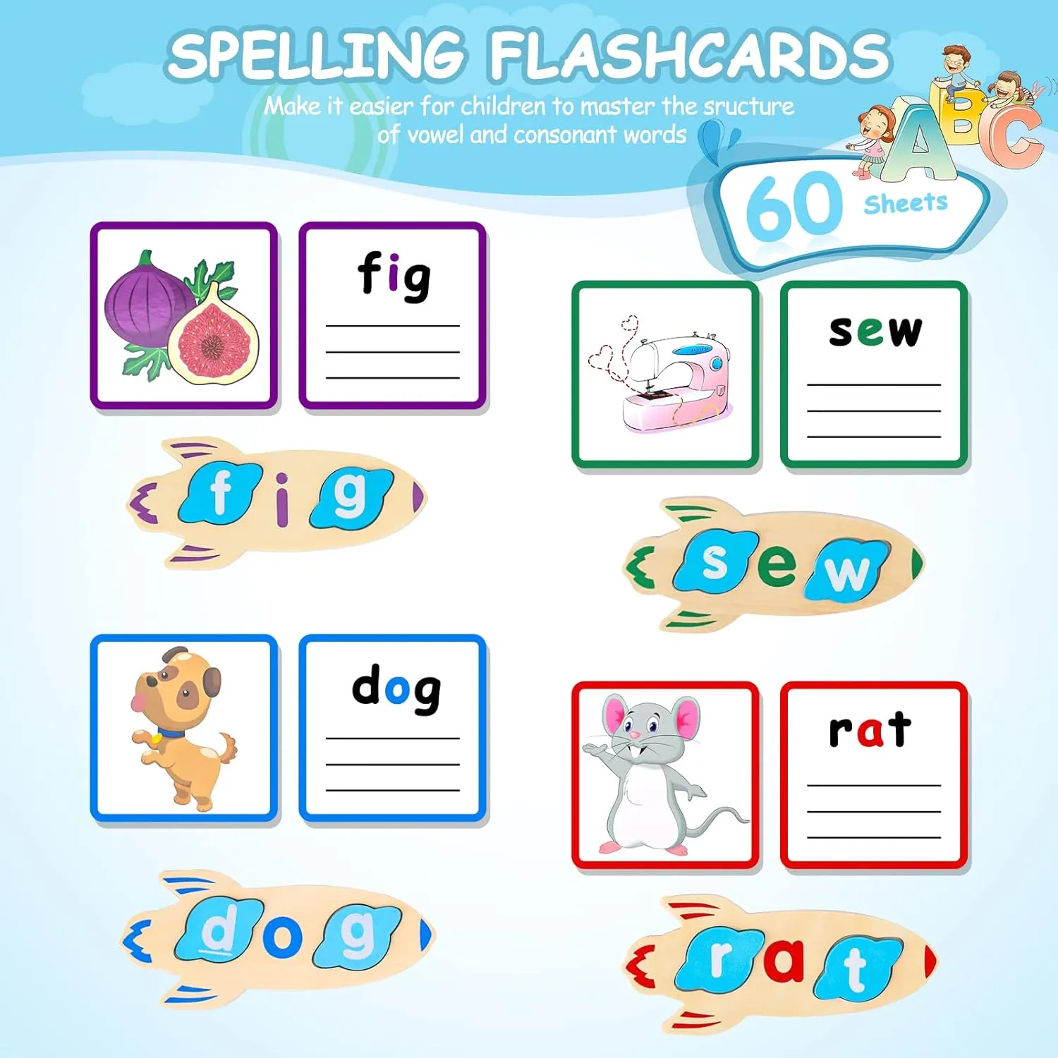 143PCS Wooden CVC Word Game, Writing & Spelling Flash Cards, Kindergarten Homeschool Supplies, Alphabet Puzzle Montessori Toys for 3 4 5 6 Year Old Kids