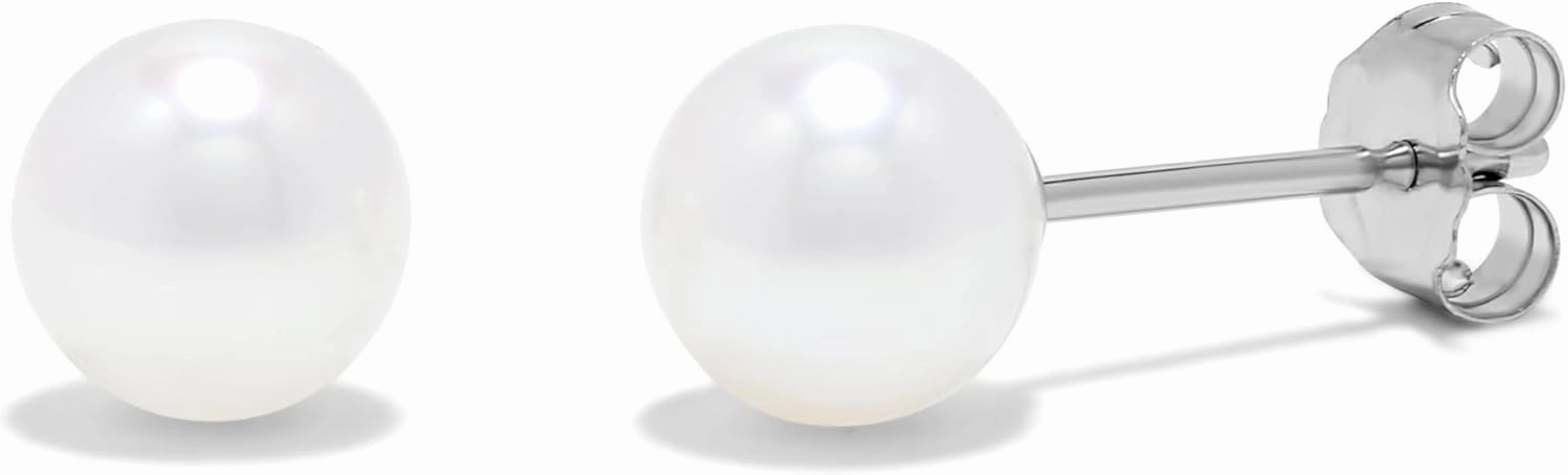 14K Gold AAA Round White Freshwater Cultured Pearl Classic Bridal Stud Earrings - Choice of Pearl Size