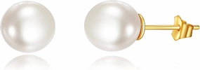 14K Gold Round Golden White Freshwater Cultured Pearl Stud Earrings Jewelry for Women Birthday Gift for Wife