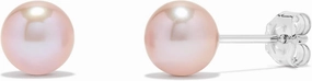 14K White Gold & Yellow Gold Pearls Ear Studs, Round Pink Freshwater Cultured Pearl, Classic Bridal Stud Pearl Earrings
