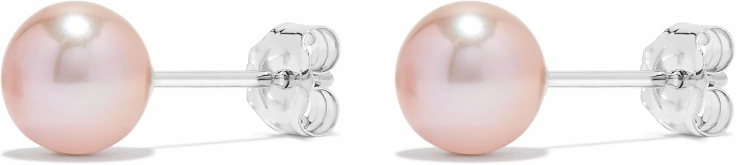 14K White Gold & Yellow Gold Pearls Ear Studs, Round Pink Freshwater Cultured Pearl, Classic Bridal Stud Pearl Earrings