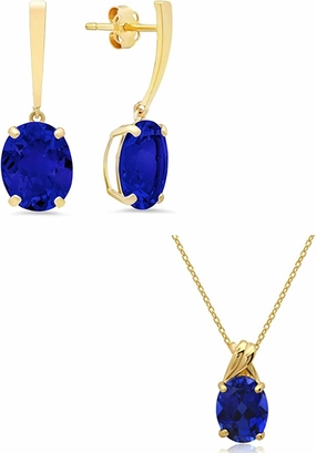 14k White Gold Oval Cut Sapphire Gemstone Drop Dangle Earrings and Pendant Necklace for Women with a Drop Twist Setting |10mm x 8mm Birthstone and Push Back | 9mm x 7mm and Cable Chain by MAX STONE