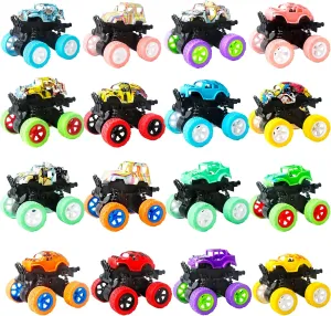 16 Pcs Mini Truck Toy Friction Powered Small Pull Back Truck Toys Push and Go Rotating Stunt Vehicles Toys for Boys and Girls Birthday Gifts Party Supplies, 16 Styles