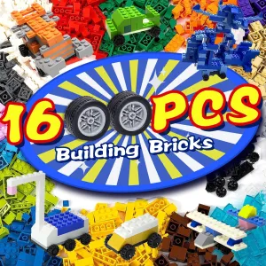 1600 Pieces Building Bricks with 32 Wheel Building Blocks Set, Classic Bulk Blocks Set Creative Toy DIY Cars, Planes, Tanks Compatible with All Major Brands 14 Shape/18 Color