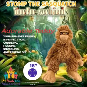 16" Stomp The Sasquatch Bigfoot Plush Toy, Adorable and Durable Sasquatch Friend with Long Fur and Plastic Eyes for Kids and Collectors