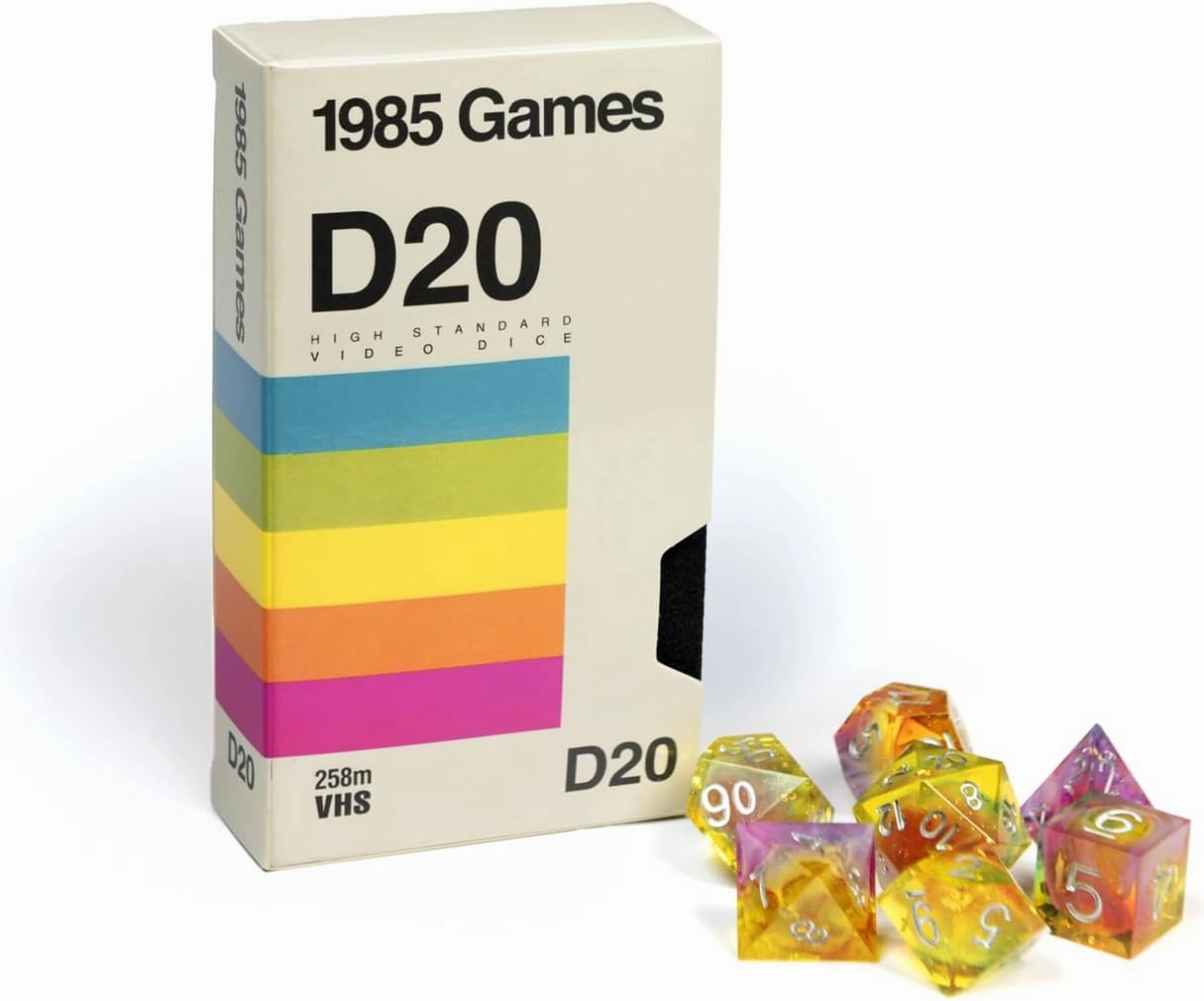 1985 Games VHS Rainbow Handmade Resin Sharp Edge DND Dice Set – 7 Dice for Roleplaying Games