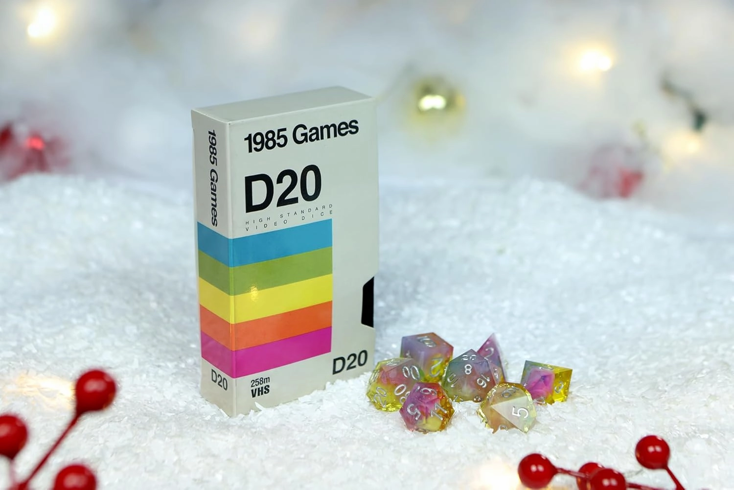 1985 Games VHS Rainbow Handmade Resin Sharp Edge DND Dice Set – 7 Dice for Roleplaying Games