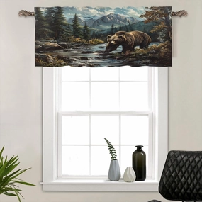 1 Panel Forest Mountain Valances for Windows, Vintage Animal Bear Stream Jungle Rod Pocket Valance Curtains Home Decor Window Treatment for Kitchen/Living Room, 54" W X 18" L