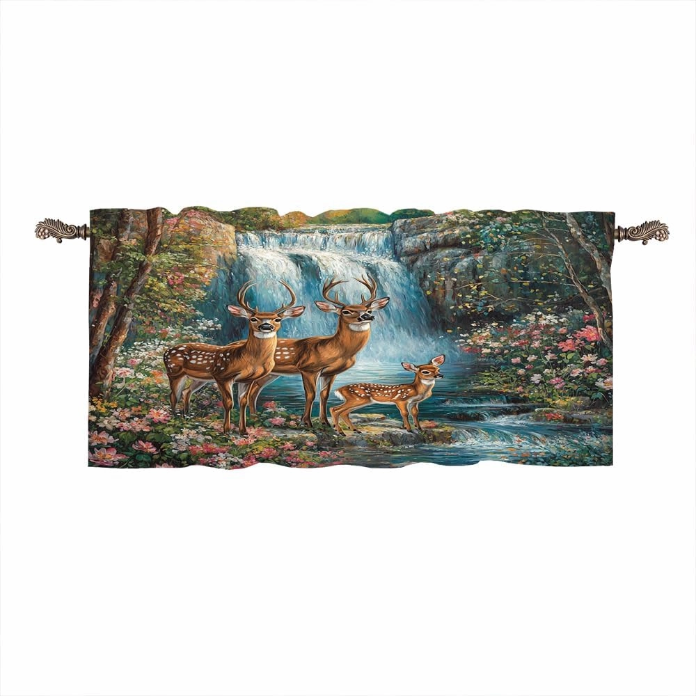 1 Panel Stream Jungle Deer Valances for Windows, Mountain Waterfall Scenery Rod Pocket Valance Curtains Home Decor Window Treatment for Kitchen/Living Room, 54" W X 18" L