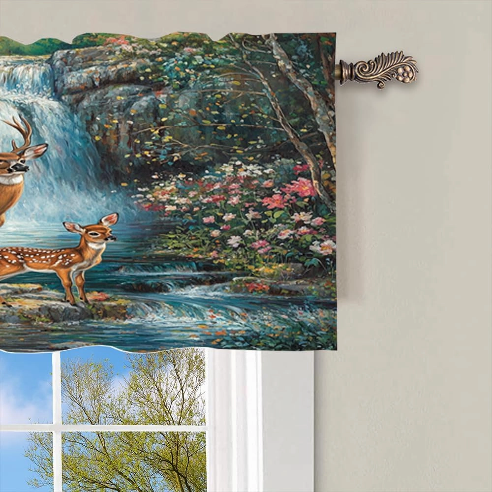 1 Panel Stream Jungle Deer Valances for Windows, Mountain Waterfall Scenery Rod Pocket Valance Curtains Home Decor Window Treatment for Kitchen/Living Room, 54" W X 18" L