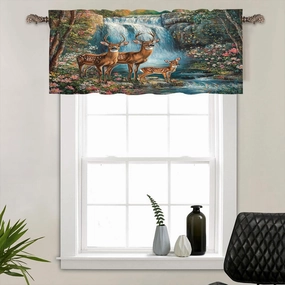 1 Panel Stream Jungle Deer Valances for Windows, Mountain Waterfall Scenery Rod Pocket Valance Curtains Home Decor Window Treatment for Kitchen/Living Room, 54" W X 18" L