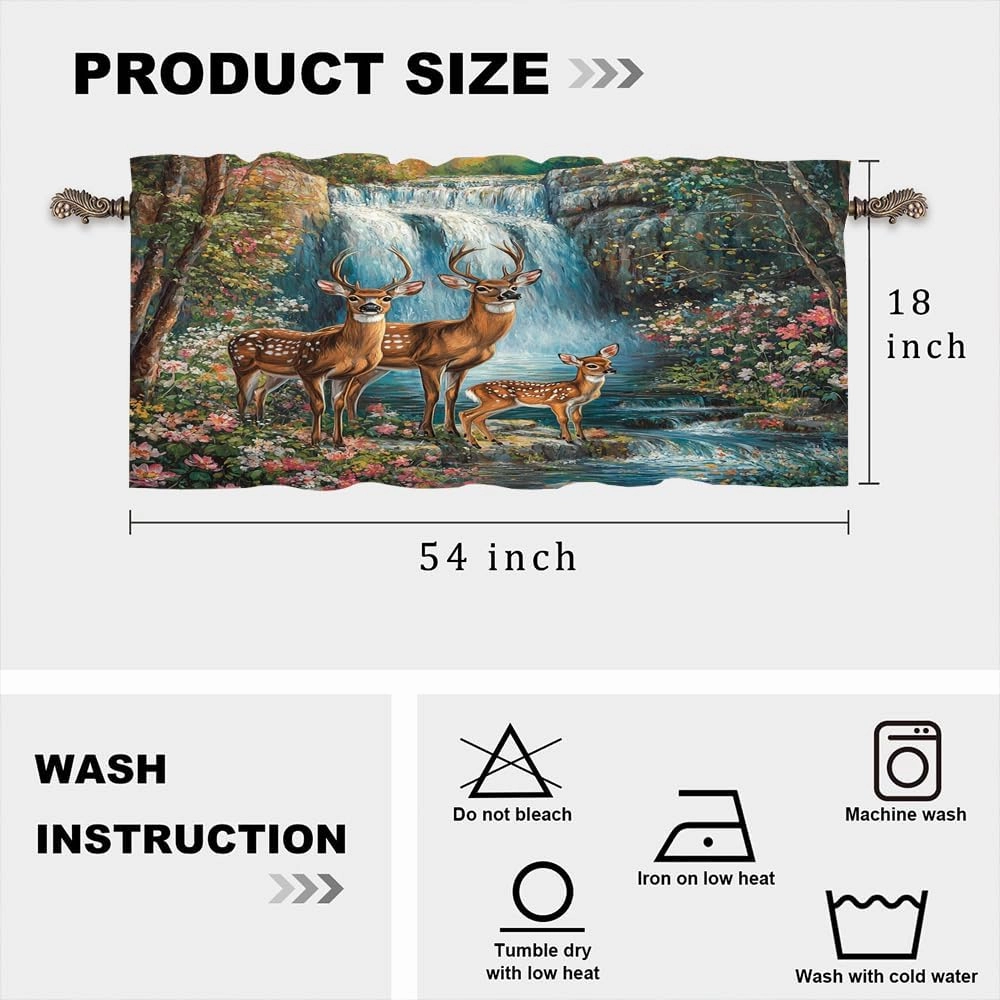 1 Panel Stream Jungle Deer Valances for Windows, Mountain Waterfall Scenery Rod Pocket Valance Curtains Home Decor Window Treatment for Kitchen/Living Room, 54" W X 18" L