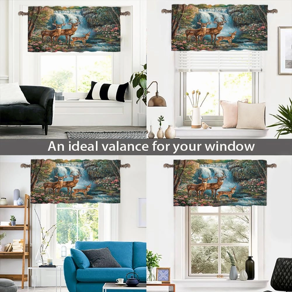 1 Panel Stream Jungle Deer Valances for Windows, Mountain Waterfall Scenery Rod Pocket Valance Curtains Home Decor Window Treatment for Kitchen/Living Room, 54" W X 18" L