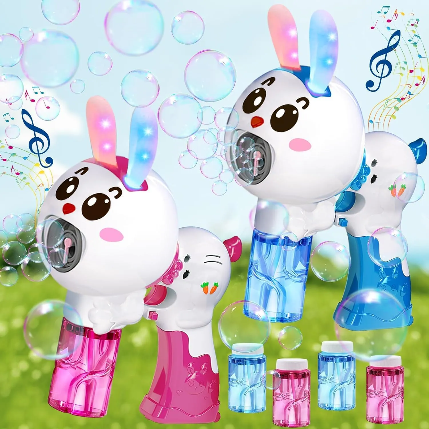 2 Pack Automatic Music Bunny Bubbles Guns with 4 Bubble Solutions, Outdoor Toys for Kids Boys Girls Birthday Gifts Wedding Party, Light Up Bubble Blower Machine for Toddler