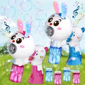 2 Pack Automatic Music Bunny Bubbles Guns with 4 Bubble Solutions, Outdoor Toys for Kids Boys Girls Birthday Gifts Wedding Party, Light Up Bubble Blower Machine for Toddler