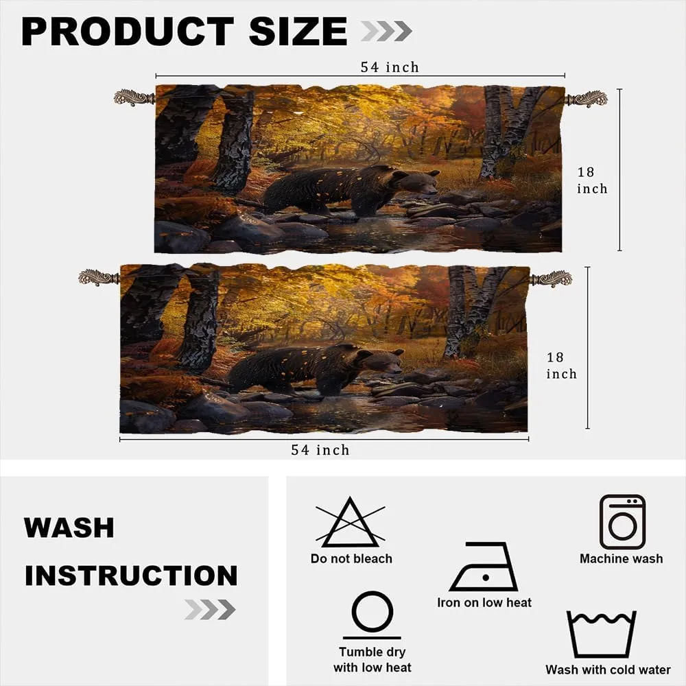 2 Panels Forest Bear Valances for Windows, Yellow Leaves Stream Jungle Rod Pocket Valance Curtains Home Decor Window Treatment for Kitchen/Living Room, 54" W X 18" L