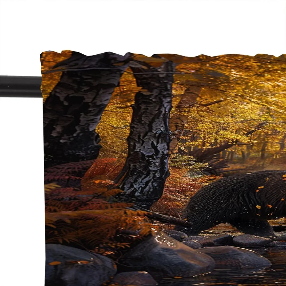 2 Panels Forest Bear Valances for Windows, Yellow Leaves Stream Jungle Rod Pocket Valance Curtains Home Decor Window Treatment for Kitchen/Living Room, 54" W X 18" L