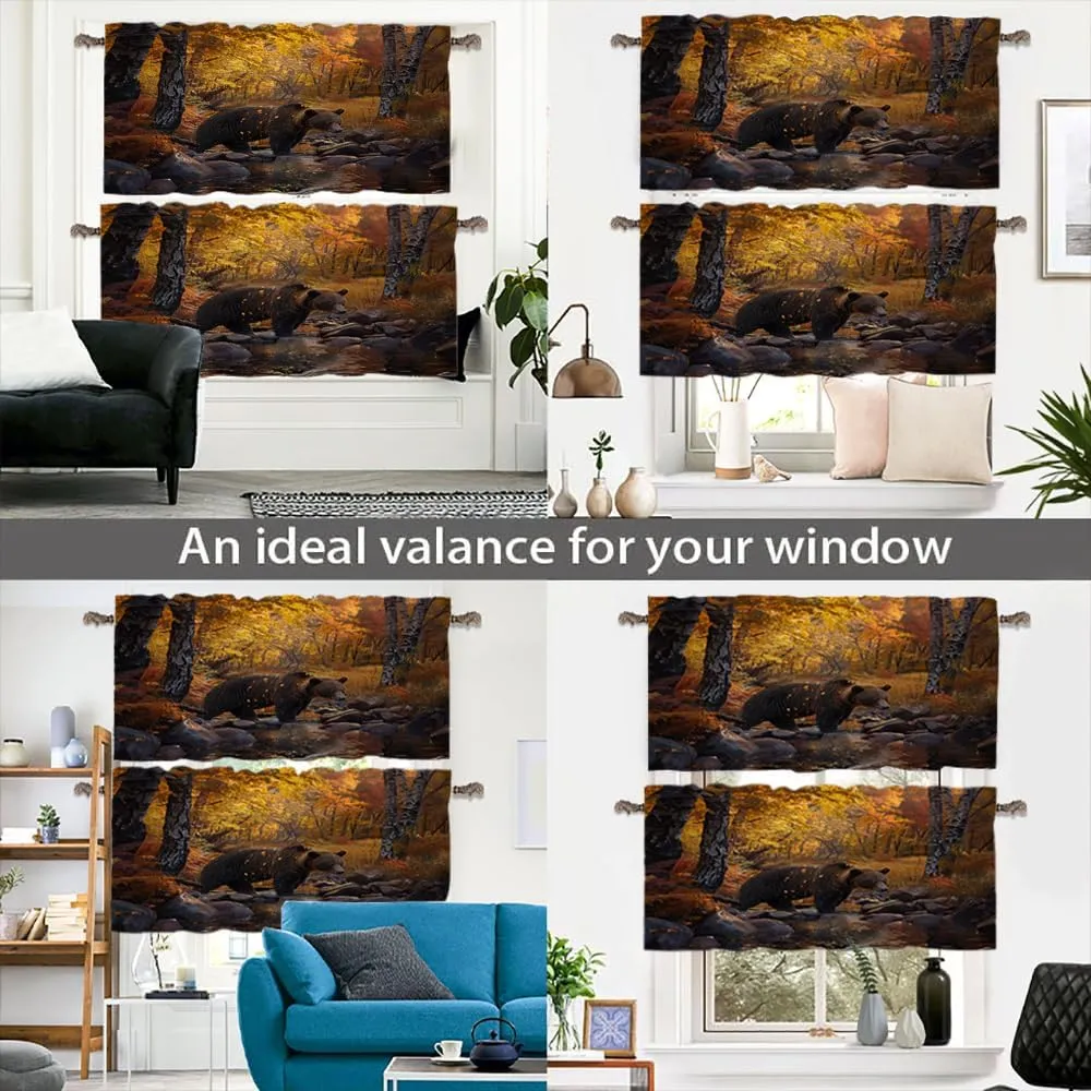 2 Panels Forest Bear Valances for Windows, Yellow Leaves Stream Jungle Rod Pocket Valance Curtains Home Decor Window Treatment for Kitchen/Living Room, 54" W X 18" L