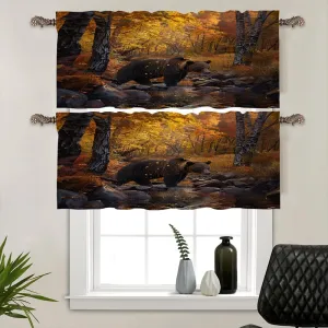 2 Panels Forest Bear Valances for Windows, Yellow Leaves Stream Jungle Rod Pocket Valance Curtains Home Decor Window Treatment for Kitchen/Living Room, 54" W X 18" L