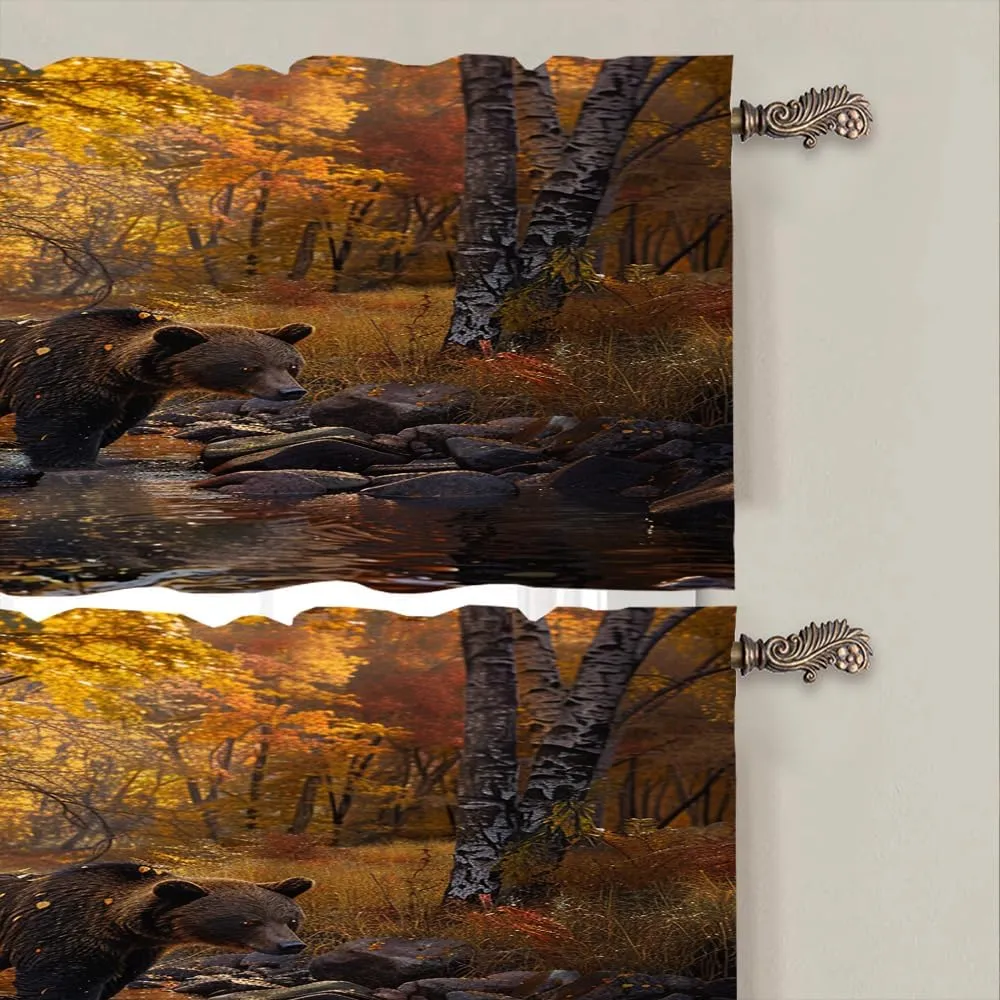 2 Panels Forest Bear Valances for Windows, Yellow Leaves Stream Jungle Rod Pocket Valance Curtains Home Decor Window Treatment for Kitchen/Living Room, 54" W X 18" L