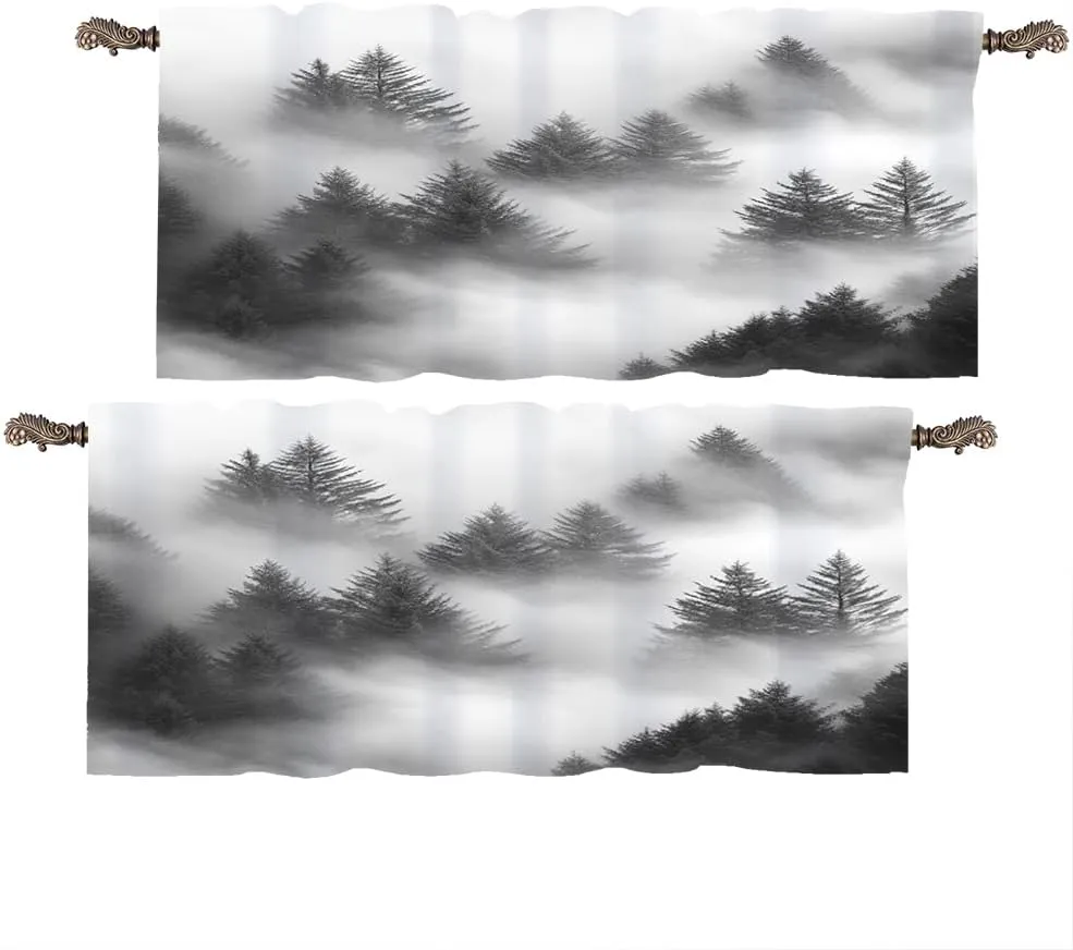 2 Panels Mountain Misty Forest Valances for Windows, Pine Tree Woodland Rod Pocket Valance Curtains Home Decor Window Treatment for Kitchen/Living Room, 54" W X 18" L