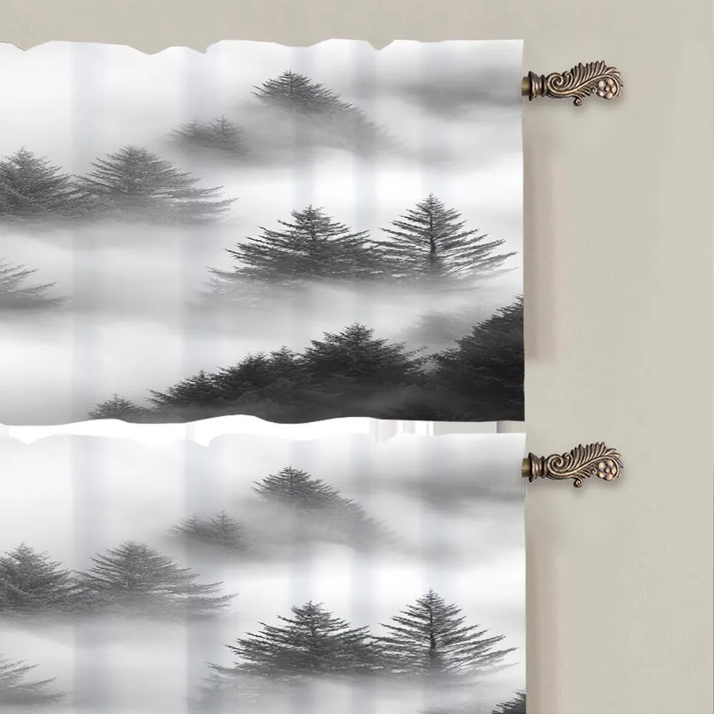 2 Panels Mountain Misty Forest Valances for Windows, Pine Tree Woodland Rod Pocket Valance Curtains Home Decor Window Treatment for Kitchen/Living Room, 54" W X 18" L