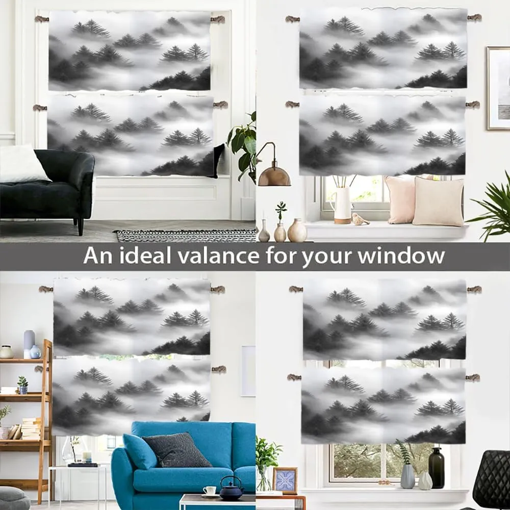 2 Panels Mountain Misty Forest Valances for Windows, Pine Tree Woodland Rod Pocket Valance Curtains Home Decor Window Treatment for Kitchen/Living Room, 54" W X 18" L