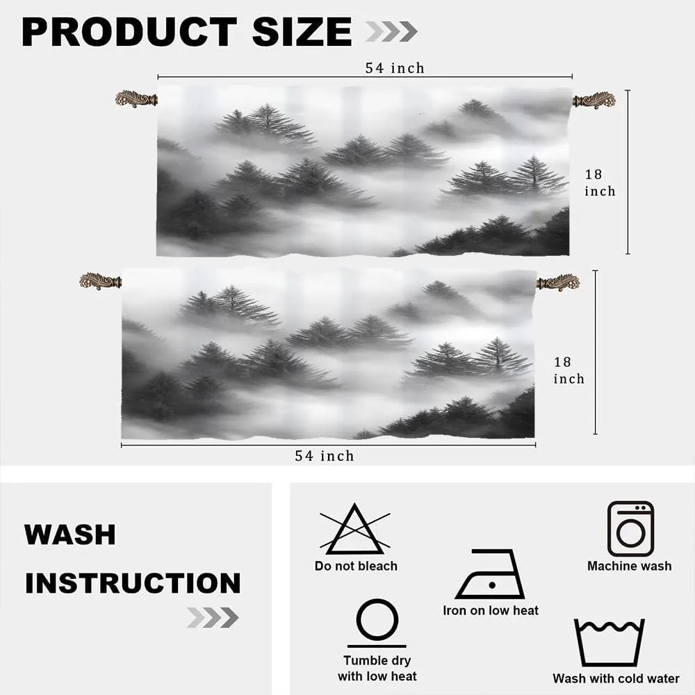 2 Panels Mountain Misty Forest Valances for Windows, Pine Tree Woodland Rod Pocket Valance Curtains Home Decor Window Treatment for Kitchen/Living Room, 54" W X 18" L