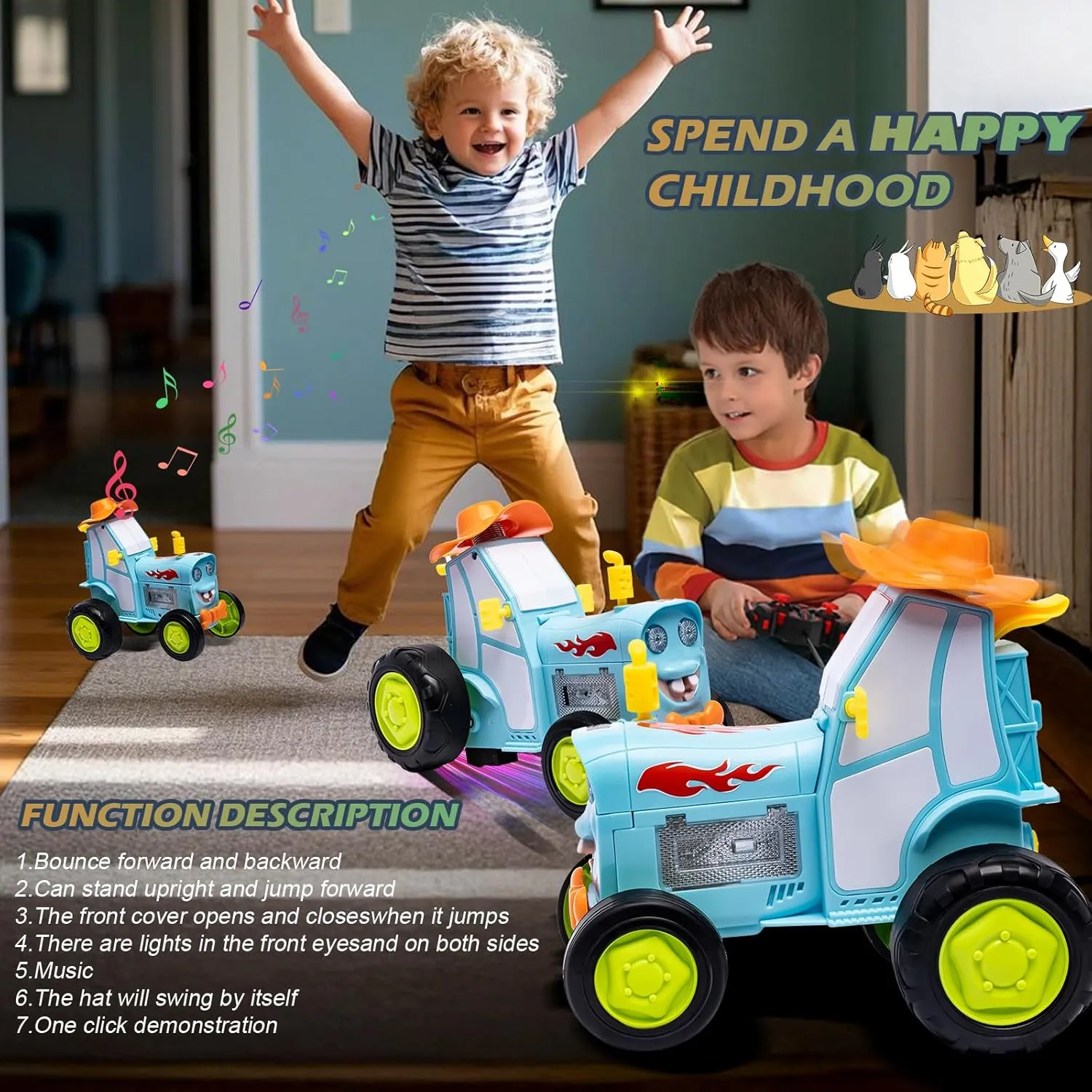 2025 Crazy Jumping Car Toys- Remote Control Truck with Light & Music, Dinosaur Toys for Kids, Scale RC Truck with 360° Spins and Drifting, Remote Control Car(Blue)